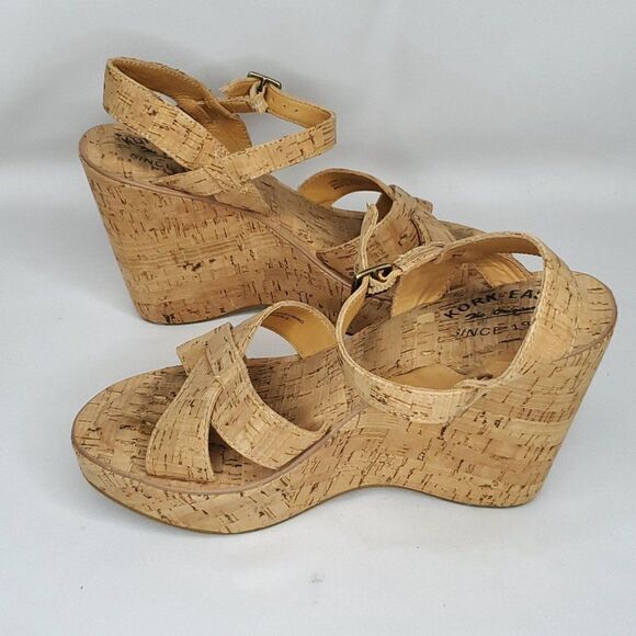 Kork Ease Ava Cork Leather Platform Wedge Sandal 9 Criss Cross Tan Brown - Picture 5 of 9